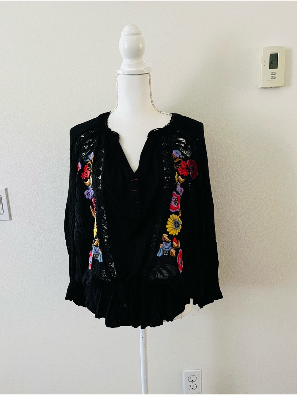 Free People Black Long-Sleeve Embroidered Peasant Blouse